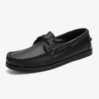 Black leather boat loafers for men on a white background