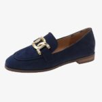 A navy blue vintage buckle loafer for women on a white background