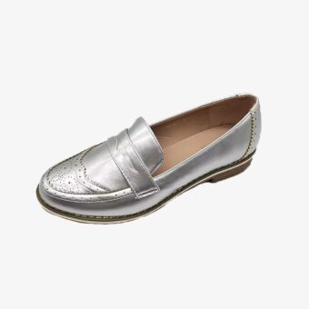 A silver chic loafer for women offering style and daylong comfort on a plain white background