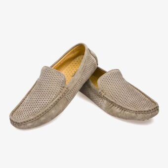A pair of summer suede loafers for men on a white background.