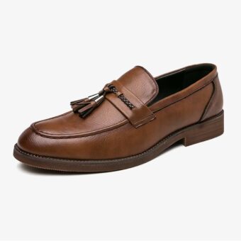An elegant brown leather tassel loafer for men on a white background