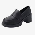 A black synthetic leather heeled loafer for women on a white background.