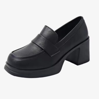 A black synthetic leather heeled loafer for women on a white background.