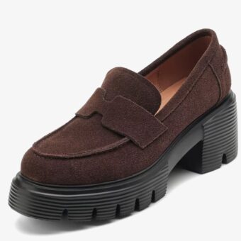 Single brown elegant suede platform loafer with a black sole on a white background