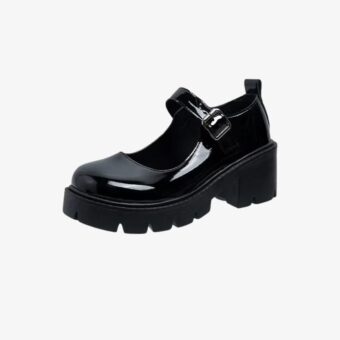 A black patent Chunky Mary Jane loafer and a strap at the top