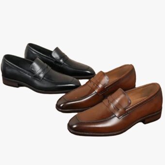 two pairs of genuine leather dress loafers for men are shown on a brown background: one pair is black, the other brown.