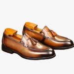 Genuine leather dress loafers with tassels for men on a white background