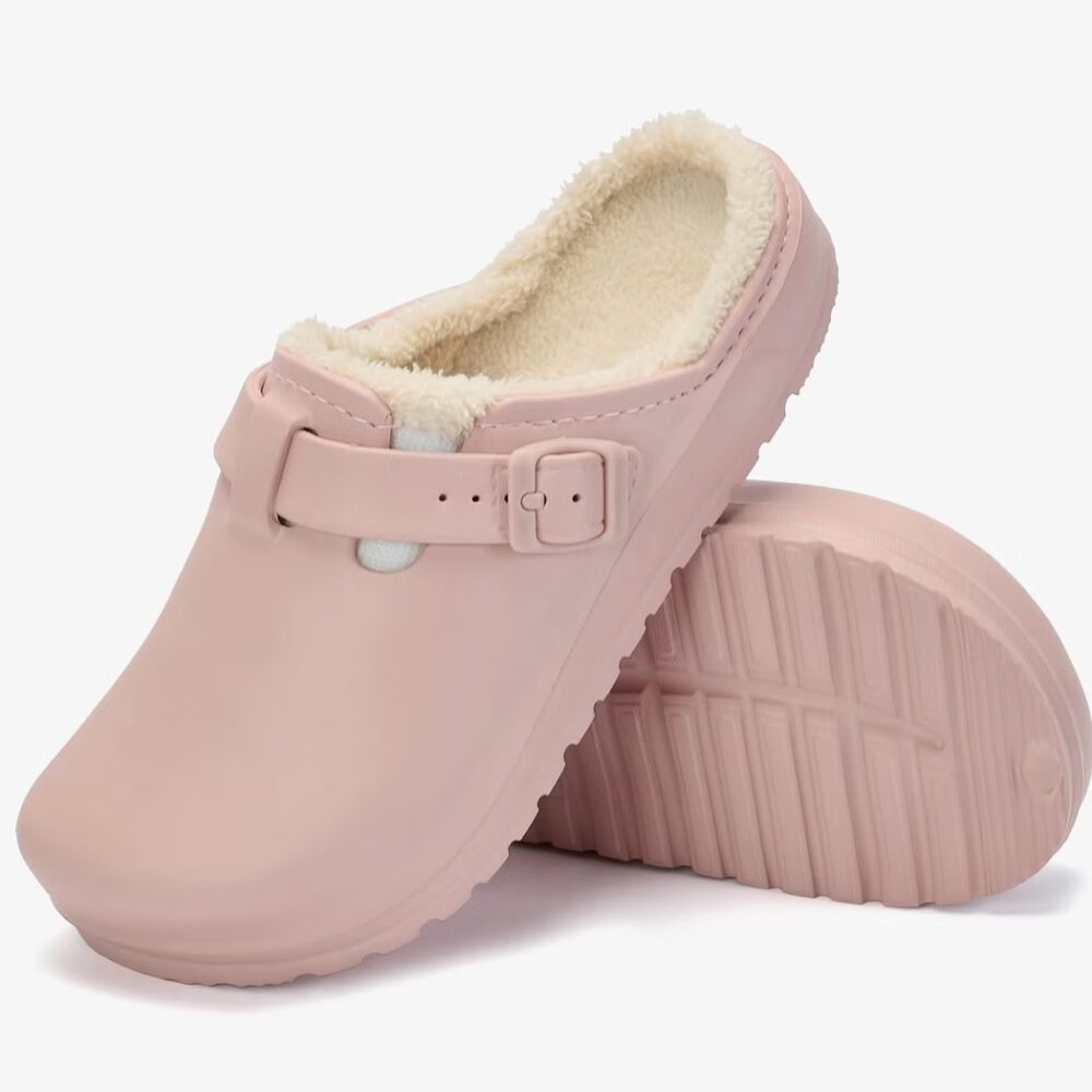 Pink women's synthetic leather lined clog loafers on a white background