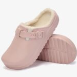 Pink women's synthetic leather lined clog loafers on a white background
