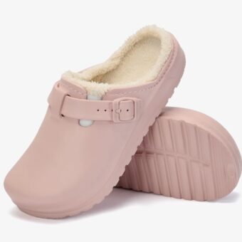 Pink women's synthetic leather lined clog loafers on a white background