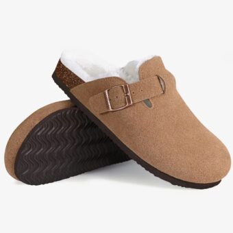 Faux suede lined clog loafers on a white background