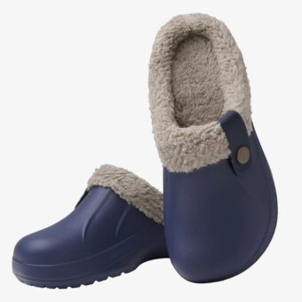 Lined plastic clog loafers for women in blue color on a white background