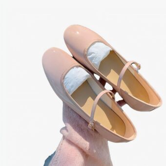 Round-toe patent ballerina loafers with thin buckle on top of foot