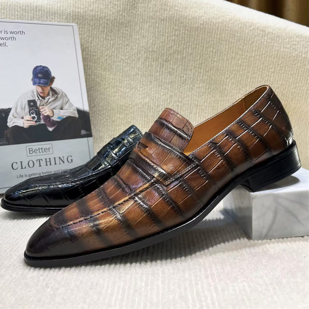 Italian leather crocodile-effect loafers for men - Image 4